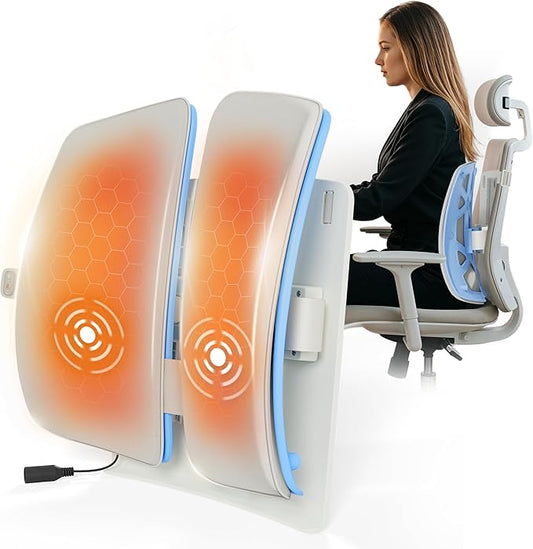 Beleduc Heated Lumbar Support Pillow for Office Chair- Back Support Pillow with Vibration Massage, Ergonomic Back Massager for Chair, Adjustable Height, 2 Heating Levels, Gifts