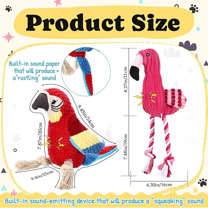 Soulchen 2 Pcs Dog Squeak Toys Cute Plush Flamingo Dog Toys with Knot Stuffed Parrot Chew Toy Interactive Gifts for Small Medium Large Dogs Aggressive Chewers Puppy Entertaining Keep Them Busy