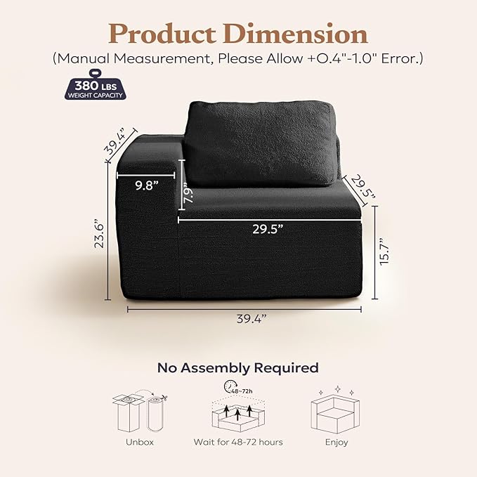 40" Giant Bean Bag Chair for Adults, Upholstered Floor Sofa Couch with Pillow, Teddy Boucle Sofa for Bedroom Living Room, No Assembly Required (Black, Teddy Boucle)