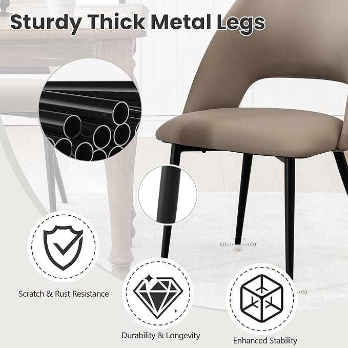 Rowill Dining Chairs Set of 4, Mordern Upholstered Faux Leather Dining Room Chairs, Kitchen Side Chairs with Metal Legs for Guest Reception Waiting Living Room, Khaki