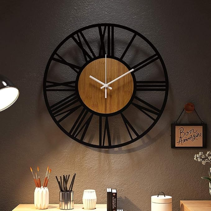 1st owned Wall Clocks for Living Room Decor,13" Vintage,Round Silent Non Ticking,Black Metal,Modern Wood Clocks for Home Bedroom,Kitchen,Garden,Office,Cafe,Modern Wall Decoration -Roman Numerals