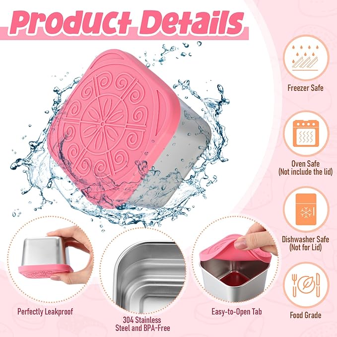 12 Pcs Stainless Steel Snack Containers 6oz & 2oz Easy Open Leak Proof Food Containers with Silicone Lids Reusable 304 Metal Food Box for School Home Picnic (Classic)