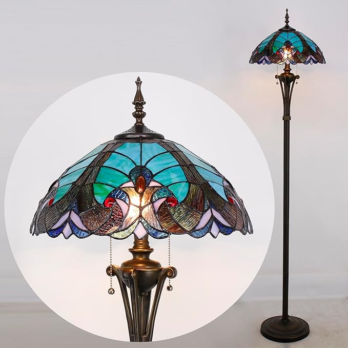 Tiffany Floor Lamp Green Liaison Stained Glass Standing Reading Light 16X16X70 Inches Antique Pole Corner Lamp Decor Bedroom Office Living Room