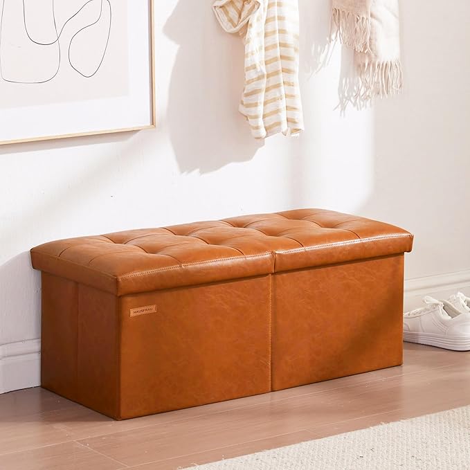 HAUSFRAU 31.5 Inches Ottoman with Storage Bench, Folding Ottoman Bench Small Foot Rest Stool, Bedroom Bench with Flipping Lid, Faux Leather Cognac Brown