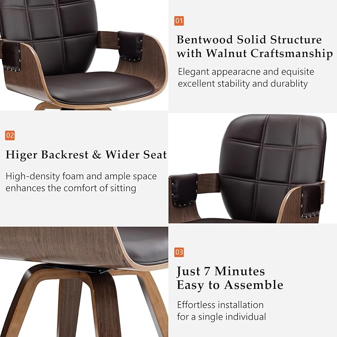 Set of 1 Mid Century Modern Chair - Swivel Dining Chair with Arms and Curved Back, Faux Leather Reception Room Chairs, Ideal for Kitchen/Living Room/Reception/Desk (Coffee Brown)