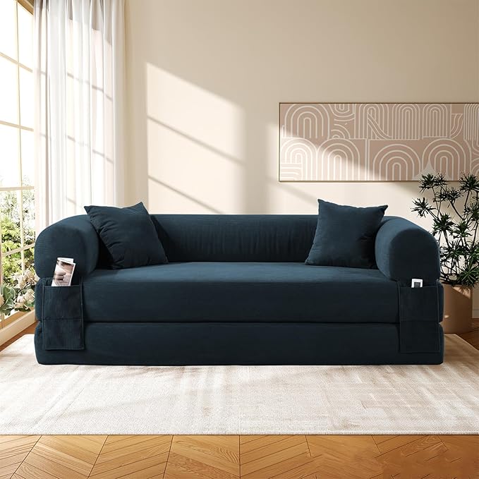 Convertible Futon Sofa Bed,80" Folding Pull Out Couch with Pillows & Storage Pocket, Oversized Queen Sleeper Sofa in a Box,Corduroy Boneless Couch for Living Room,Navy Blue