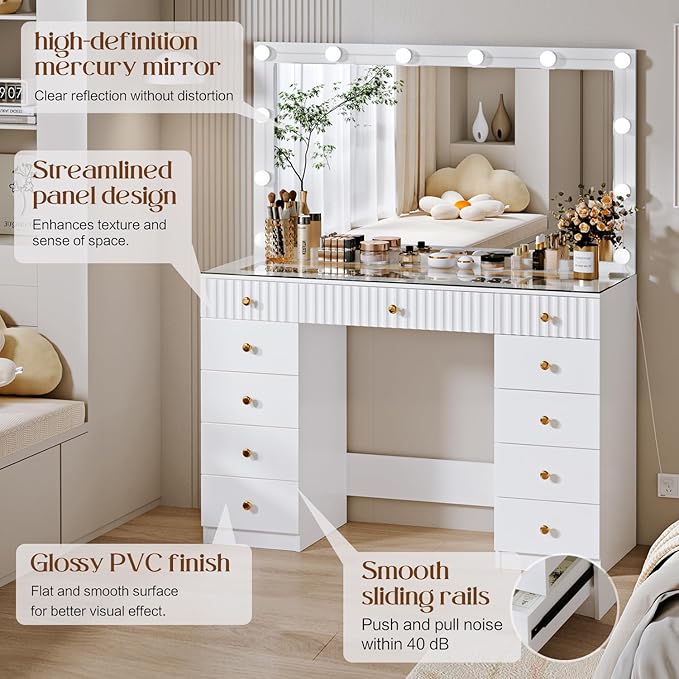 Fluted Makeup Vanity Desk with 46" HD Lighted Mirror,Big Modern Vanity Desk with Mirror and 12 LED Lights, Dressing Table with 11 Drawers, Glass Top for Bedroom,Cream