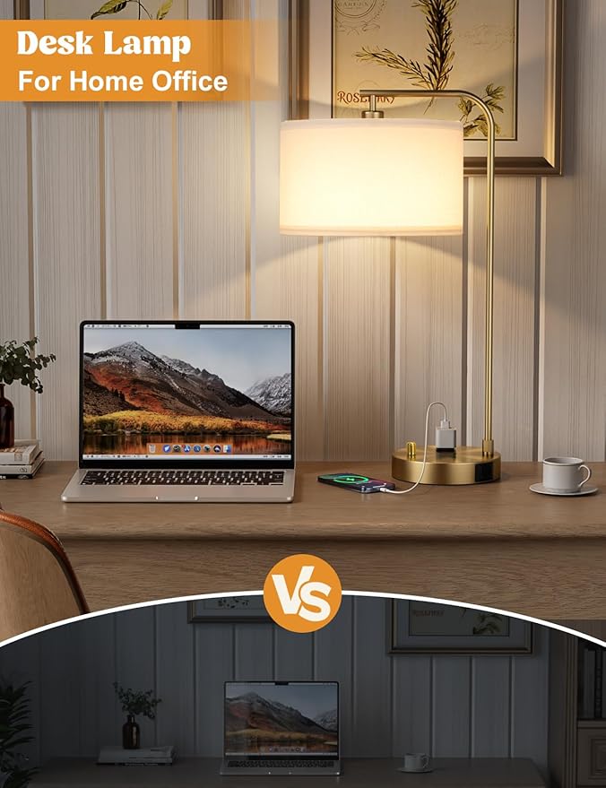 Innqoo Gold Table Lamp with USB Port and Outlet, Dimmable Nightstand Bedside Lamps with Linen Lampshade, Desk Lamp for Bedroom, Living Room, Guest Room, Home Office, LED Bulb Included