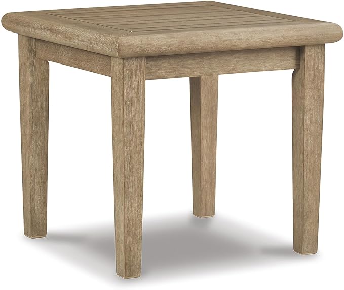 Signature Design by Ashley Gerianne Outdoor Square End Table with Slatting Styling and 5-Step Finishing Process, Eucalyptus Wood Frame, 22" High, Grayish Brown