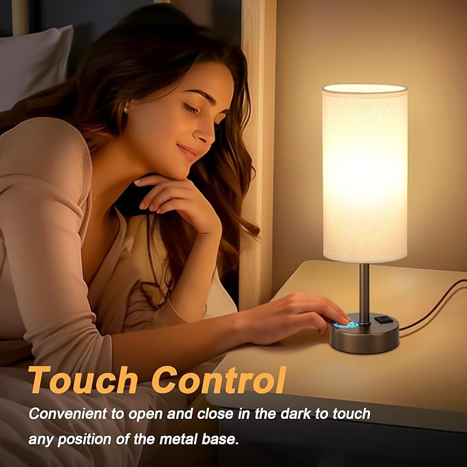 Bedside Touch Table Lamps for Bedroom Nightstand with USB-C USB-A Charging Ports, White & Brown 3 Way Dimmable Small Desk Lamp for Office, Living Room, Reading, Dorm