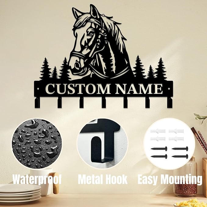Personalized Custom Name Farm Horse Wall Key Hooks,Metal Horse Art Clothes Hooks,Metal Horse Wall Home Storage Decorative,For Front Door, Hallway, Kitchen, Bedroom,Keys,Hats (Style L)