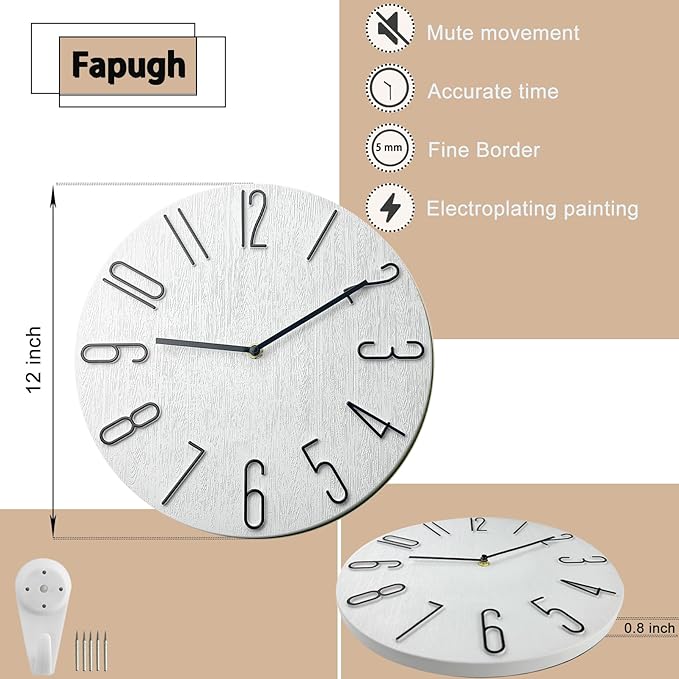 Wall Clock, Silent Clock, Wall Clocks Battery Operated， 12 inch Modern Wall Clock, Suitable for Offices, Living Rooms, Kitchens, Homes, Schools (White Without Second Hand)