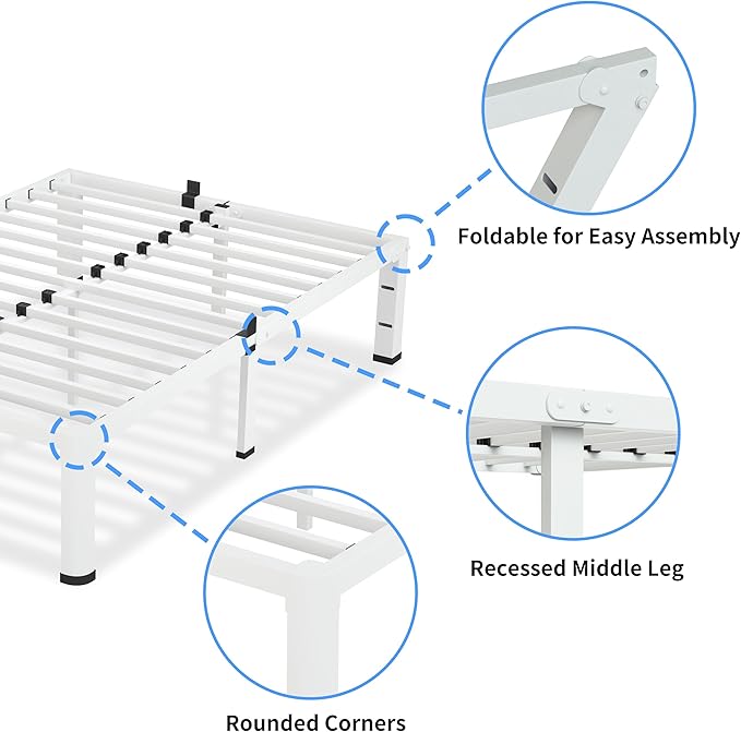 18 Inch Queen Size White Bed Frame, 3500Lbs Heavy Duty Metal Platform with Round Corner Legs Mattress Slide Stopper, Steel Slat Support No Box Spring Needed, Noise Free, Easy Assembly