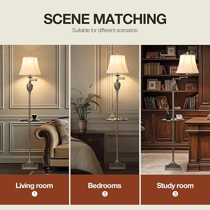 Traditional LED Floor Lamp with 350° Adjustable Swing Arm Lamp – Vintage Standing Pole lamp for Living Room, Bedroom and Office – Rustic Upright Floor Light for Home Décor with Silk Fabric Shade