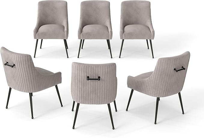 Velvet Dining Chairs Set of 6,Gray Upholstered Living Room Chairs with Black Metal Legs, Modern Tufted Accent Chairs for Living Room, Study Room, Kitchen