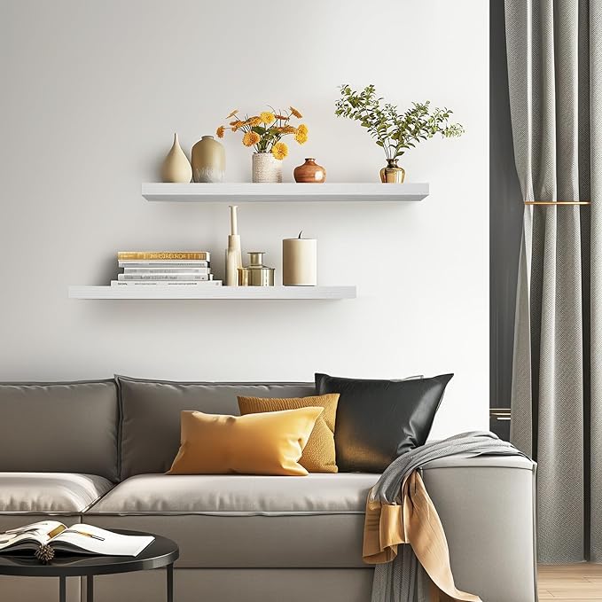 BAYKA Floating Shelves for Wall, 36 inches Long Wall Mounted Rustic Wood Shelves for Bathroom, Bedroom, Living Room, Kitchen, Office, Hanging Shelf for Books/Storage/Decor(White,Set of 2)