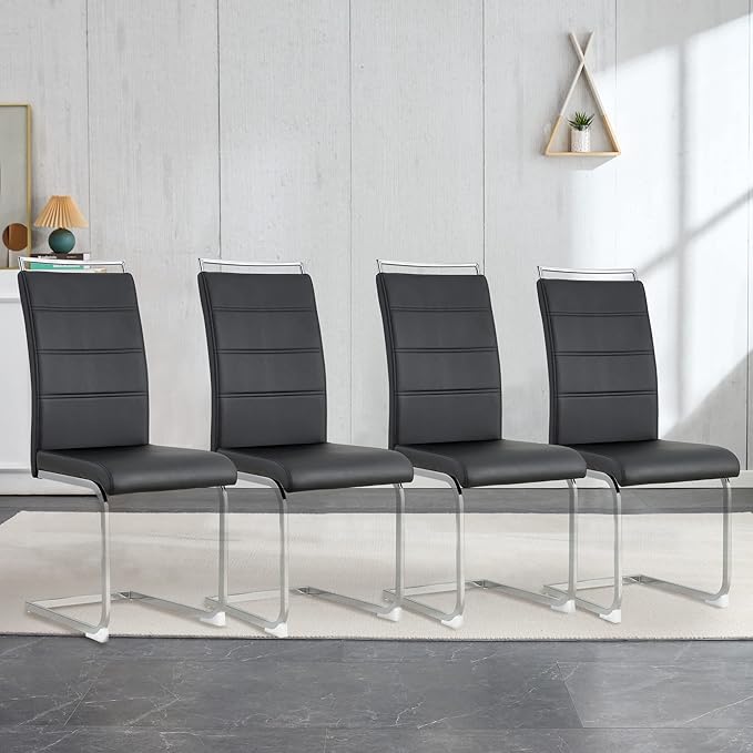 51“ Small Glass Dining Table Set for 4,0.31”Thick Tempered Glass Table Top with 4 Chrome Plate Metal Legs,4 PU Leather Dining Chairs,Modern Kitchen Dinner Room Table Set,for Kitchen Room