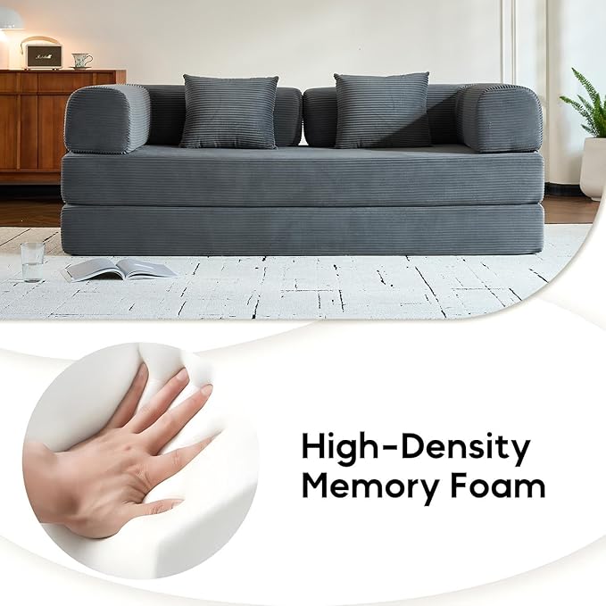 Comfy Convertible Folding Mattress Couch, Floor Sofa Bed with Fixed-Shape Frame, Corduroy Floor Sofa with Armrest, Floor Sofa Lounge Couch for Living Room Bedroom Lounge Studio,Grey