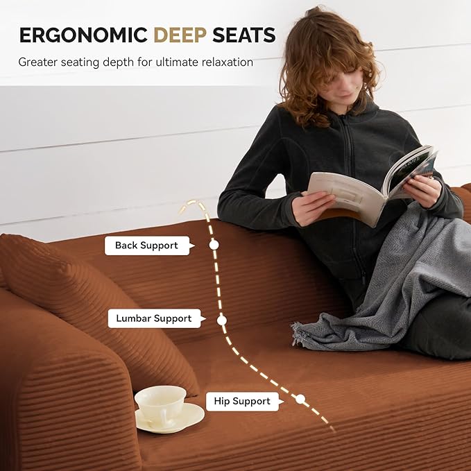 128" Oversized Modern Curved Sofa,Boneless Cloud Sectional Couch with Deep Seat,No Assembly Required Corduroy Couches for Living Room,Reddish Brown,1 PCS