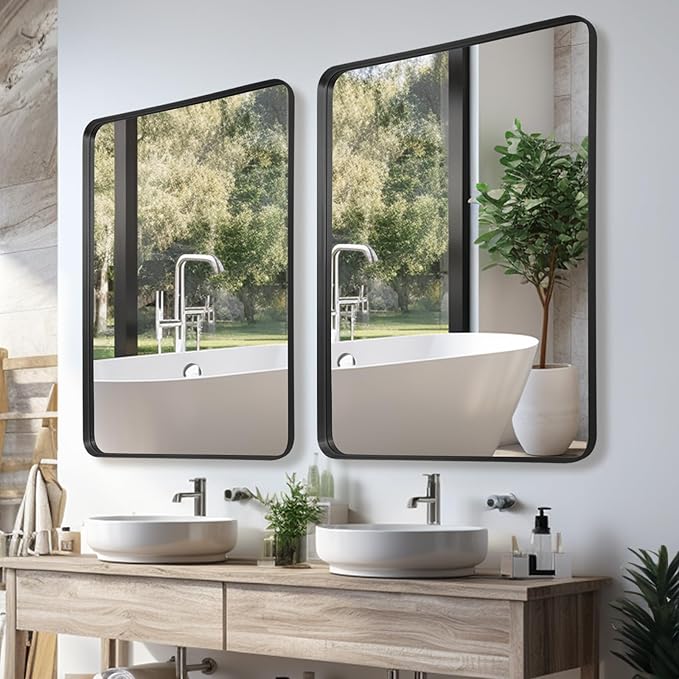 Wall Mirror 30" x 40" for Bathroom Black Metal Deep Frame Mirror for Wall Decorative Rectangular Round Corner Wall Mounted Vanity Mirror for Bedroom Living Room Entryway Wall Decor