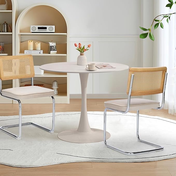 SoarFlash Kitchen Table and Chairs for 2, 31.5" Dining Table Set for 2 with Velvet Upholstered Chairs, 3 Piece Round Kitchen Table Set, Dining Room Table Set for Small Space, Apartment, Beige/White