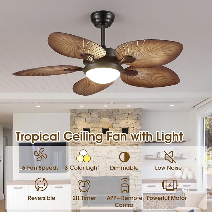Tropical Ceiling Fans with Lights and Remote/APP Control, 44 Inch Palm Leaf Ceiling Fan with LED Lights, Outdoor Ceiling Fans for Patios Porch, Reversible Quiet Motor, Dimmable, Wood Grain
