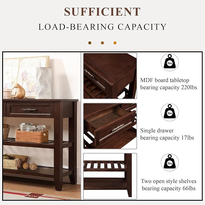 KEIKI 42”L Pine Solid Wood Entryway Console Table with 2 Storage Drawers, Mid-Century Retro Behind Couch Sofa Table with 2 Tiers Open Shelf for Hallway, Entrance, Entry Way, Living Room, Foyer