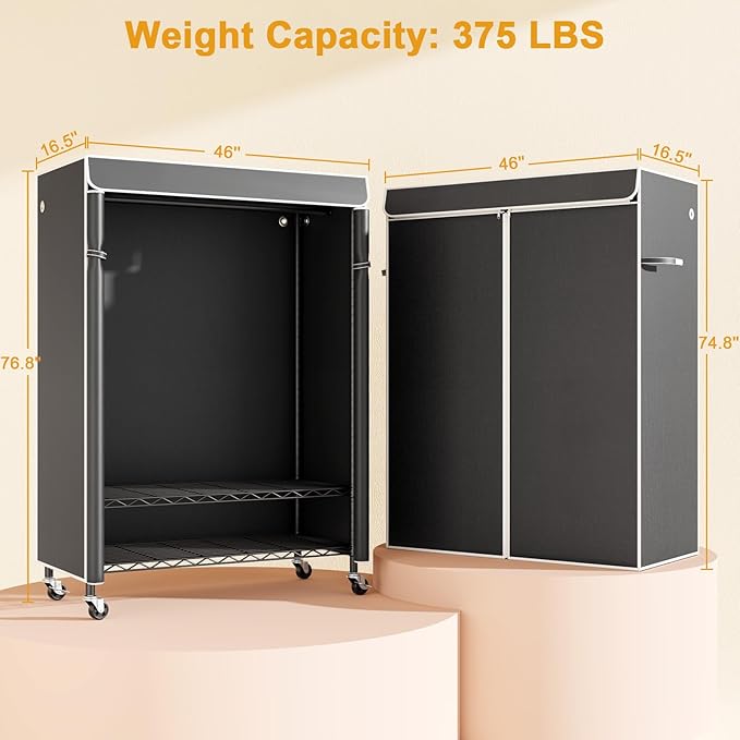 P6C Plus Rolling Clothes Rack with Cover, Covered Clothing Rack Heavy Duty, Portable Closet for Hanging Clothes, Garment Rack on Wheels, Black Closet Rack with Black Cover, Max Load 375LBS