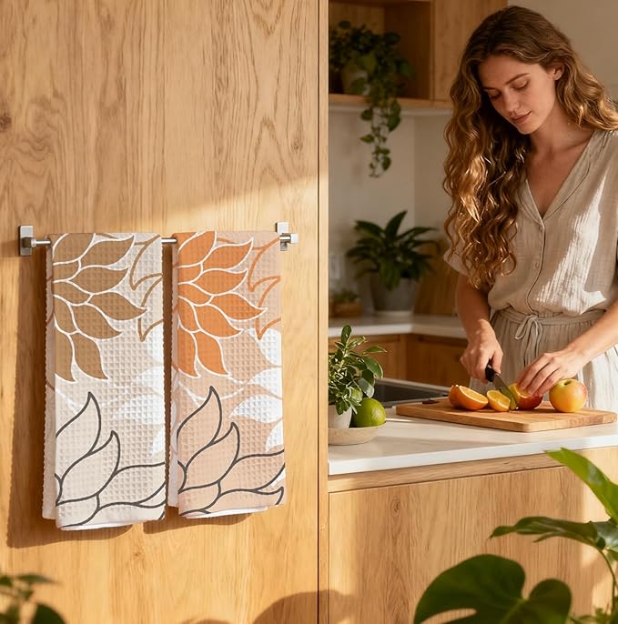 2-Pack Boho Floral Abstract Waffle Towels, Flower Hand Towel for Bathroom Decor, 16x24 Inch Neutral Brown & Orange Color Flower Dish Tea Towel Decor for Kitchen/Bath/SPA,Gift for Friends.