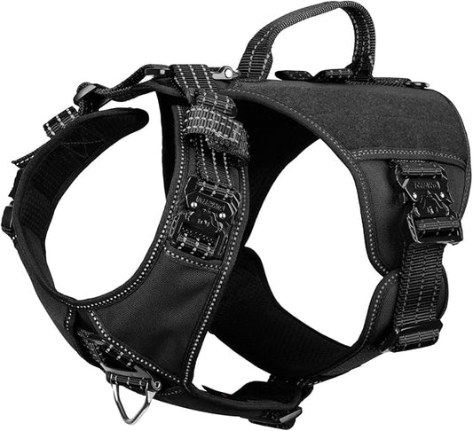 ICEFANG GN8 Tactical Dog Harness with 4X Metal Buckles for Medium Sized Dogs,Reflective in Training Walking K9 Vest,No-Pull Front Leash Clip,Adjustable Pet Harness (Black, Medium (Pack of 1))