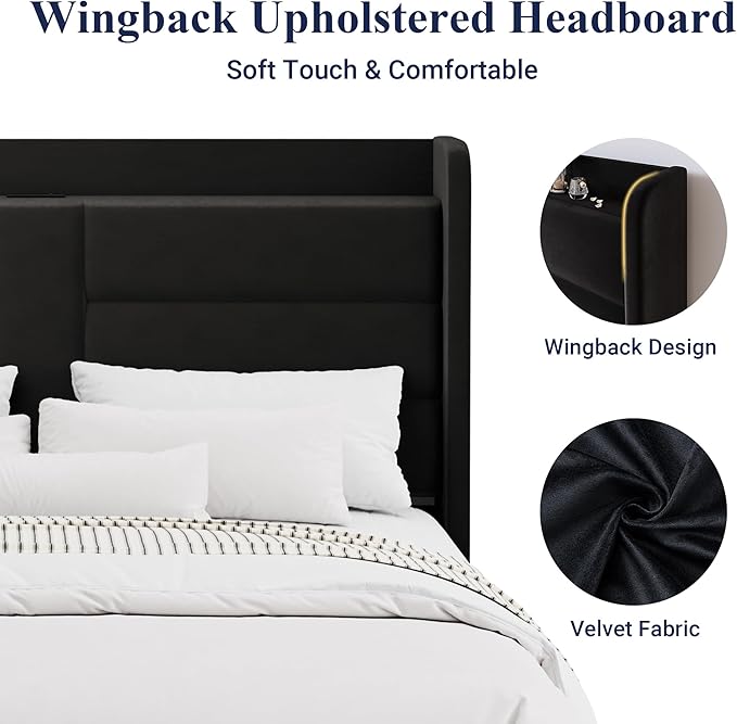 Allewie Queen Size Platform Bed Frame with Charging Station & Storage Headboard, Upholstered Velvet Wingback Design & USB Port, Strong Wooden Slats Support, No Box Spring Needed, Easy Assembly, Black