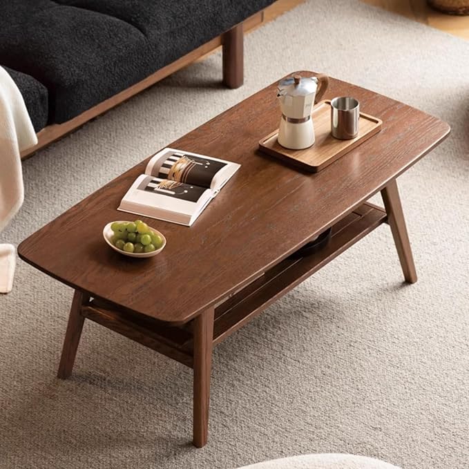 Solid Oak Wood Coffee Table - 2-Tier Modern Center Table, Living Room Tables with Double Storage for Living Rooms, Bedrooms, and Offices (Walnut, 39.37" D x 19.69" W x 17.32" H)