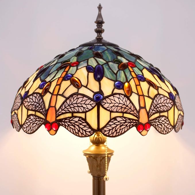 WERFACTORY Tiffany Floor Lamp Blue Yellow Stained Glass Dragonfly Standing Reading Light 16X16X64 Inches Antique Pole Corner Lamp Decor Bedroom Living Room Home Office S128 Series
