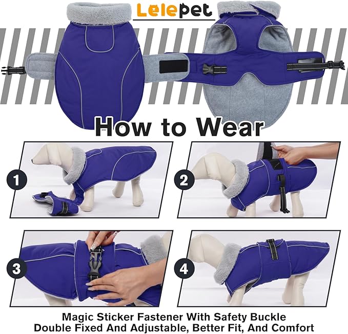 Lelepet Warm Dog Coat Reflective Fleece Vest Waterproof Dog Jacket with Adjustable Buckle Hook & Loop Windproof Cold Weather Coats for Small Medium Large Dogs, Blue, XXL