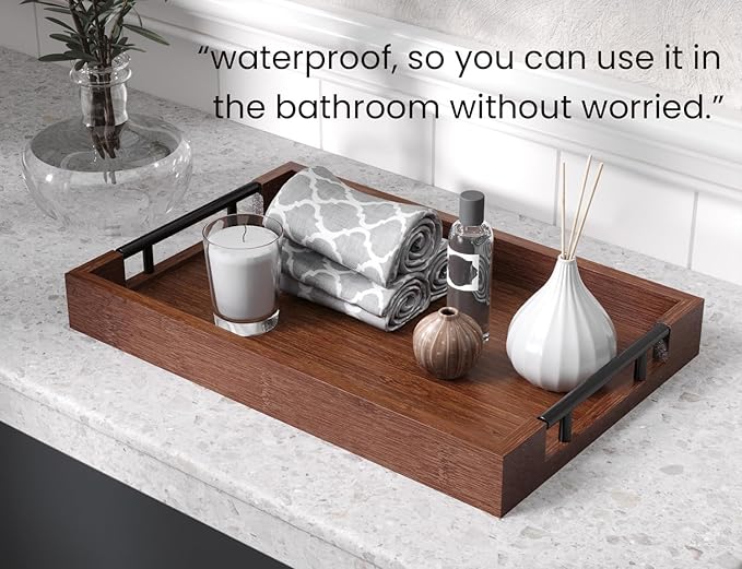 Bamboo Serving Tray with Metal Handles,15x10in Ottoman Decorative Trays Platter for Coffee Table,Living Room,Bar,Party,Medium(Brown)