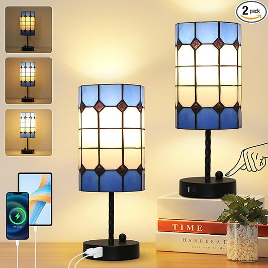 Stained Glass Table Lamp with USB Port, 3 Way Dimmable Touch Control Tiffany Desk Lamp with Bulbs, Vintage Lamp for Nightstand, Mid-century Small Bedside Lamp For Bedroom Living Room Office Nursery