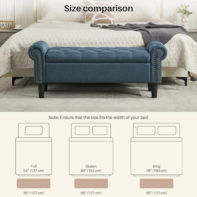 Storage Bench, 50" Queen End of Bed Bench, Linen Tufted Button Upholstered Bedroom Bench, Storage Ottoman with Rolled Arms, Window Bench with Storage, for Living Room, Entryway Dark Blue