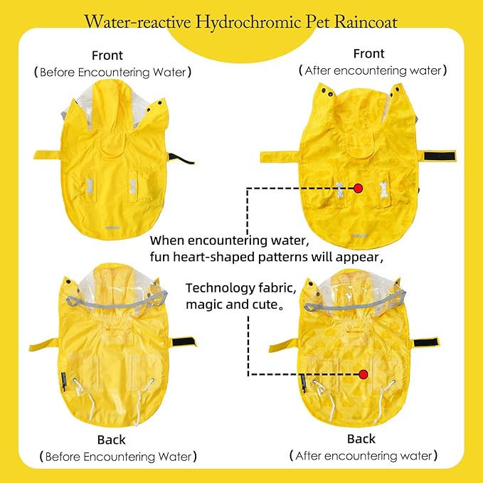 Dog Raincoat,Waterproof Rain Poncho with Hoodie, High Reflective Adjustable Pet Rain Jacket with Leash Hole for Small Medium and Large Dogs (Yellow(Water-Reactive Hydrochromic), X-Large: 37-55lbs)