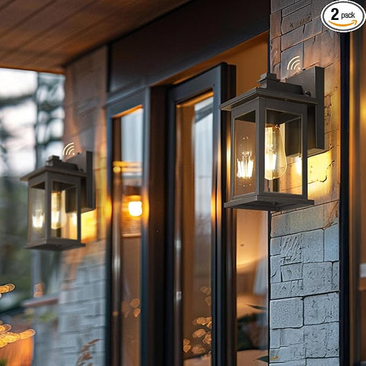 Emliviar 2 Pack Dusk to Dawn Outside Wall Mount Lighting, 11.8 inch Exterior Light Fixture with Clear Glass, Black Finish, 1803EW1-PC-2PK BK