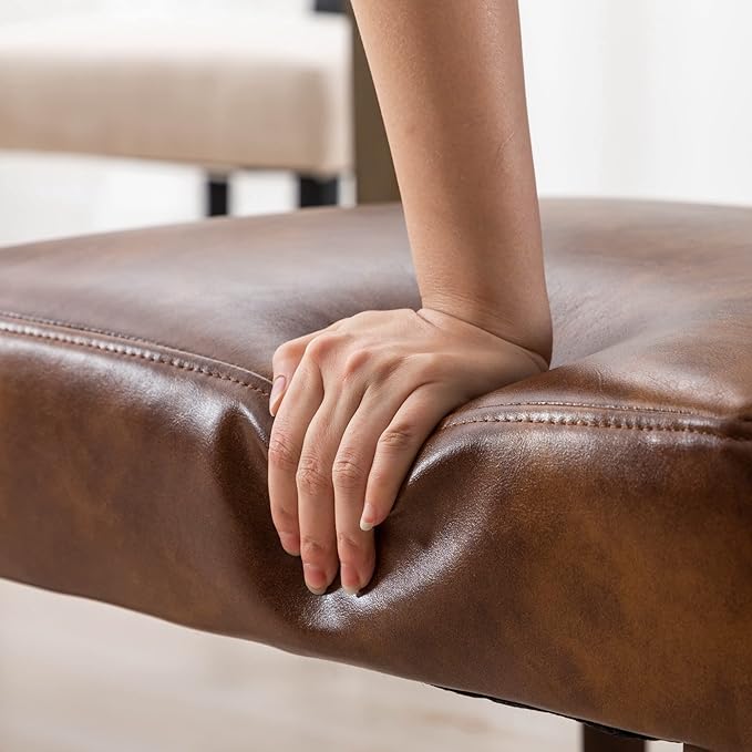 Mid Century Modern Dining Chairs Set of 6 Rattan Kitchen Chairs PU Leather Upholstered Side Chairs, Modern Kitchen Armless Solid Wood Dining Chairs, Brown