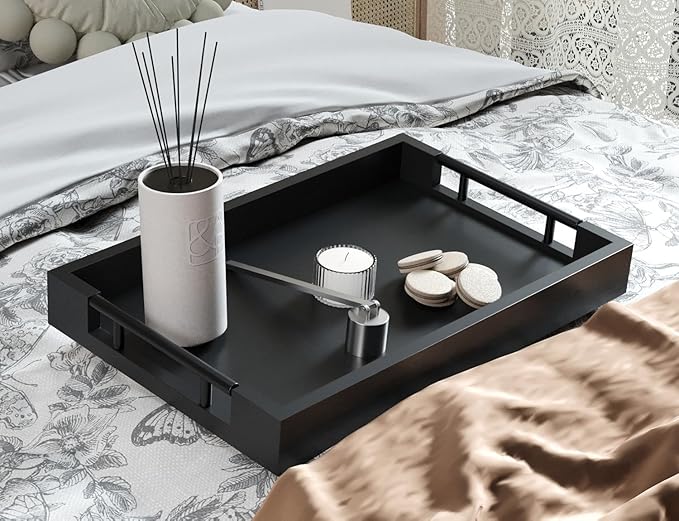 Bamboo Serving Tray with Metal Handles,15x10in Ottoman Decorative Trays Platter for Coffee Table,Living Room,Bar,Party,Medium(Black)