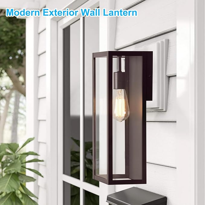 2-Pack Outdoor Wall Lanterns, 16” Exterior Waterproof Outdoor Lights with Glass Shades, Brown Porch Lights Wall Mounted, Anti-Rust E26 Modern Lighting Fixtures for Patio Garage Entryway Front Door