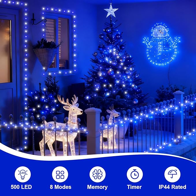 QITONG Blue and White Christmas Lights Outdoor Waterproof, 165ft 500 LED String Light Plug-in, Clear Wire Indoor Christmas Tree Lights with 8 Modes