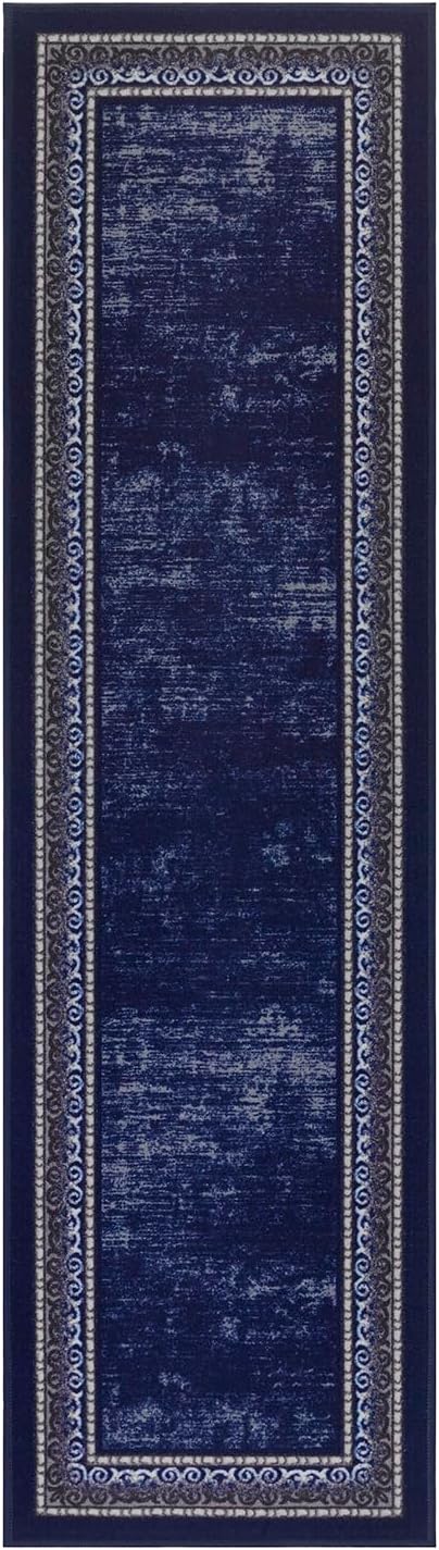 Antep Rugs Alfombras Bordered Modern 2x5 Non-Slip (Non-Skid) Low Pile Rubber Backing Kitchen Area Runner Rug (Navy, 2' x 5')