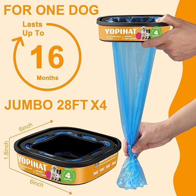 Jumbo Square Refill Bags 4 Pack Lasts Up to 16 Months Compatible with Pet Genie Dog Waste Disposal System Pails Lavender Scented Dog Poop Bags for Dogs 7-Layers EVOH Pet Waste Refills for Odor Control