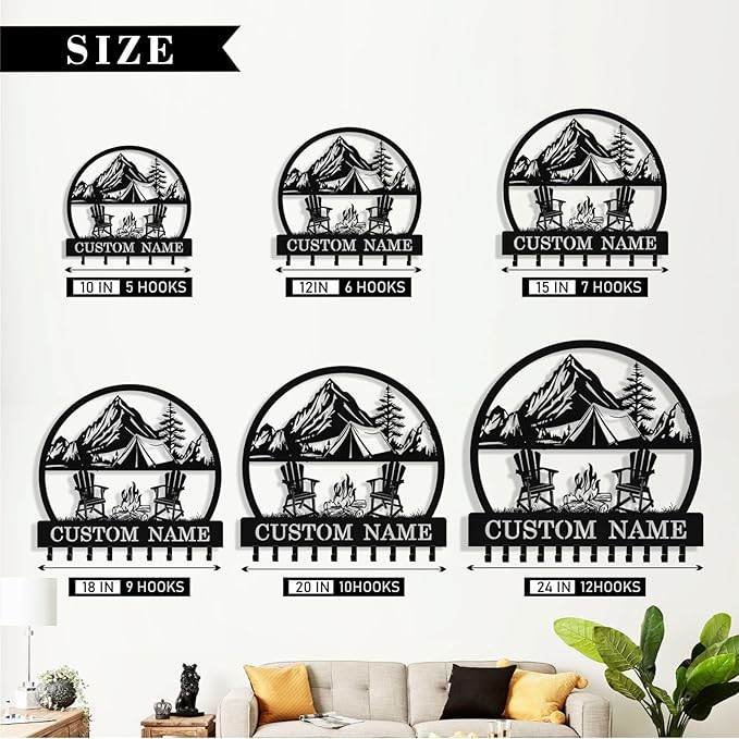 Personalized Camping Key Holder Wall Mount, Custom Metal Key Holder for Wall with Name, Custom Keys Rack Hanger with Hooks for Entryway, Front Door, Hallway, Living Room, Kitchen