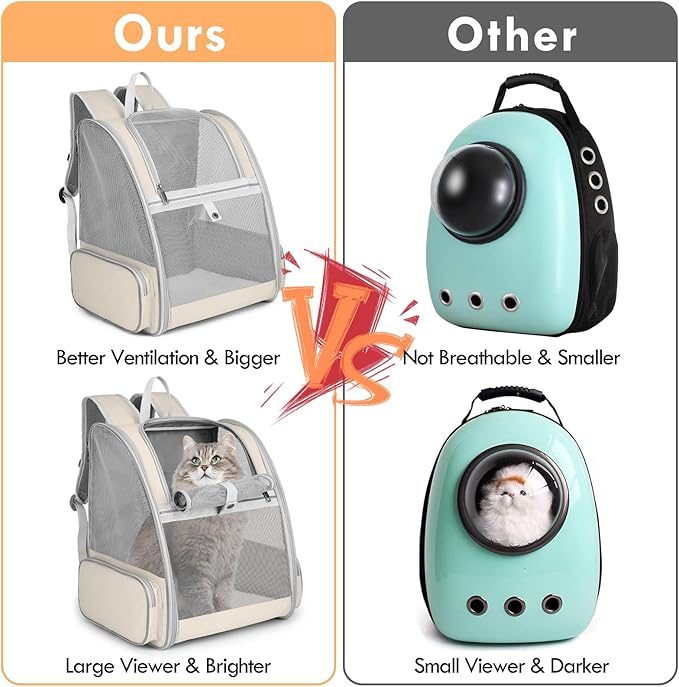 Cat Backpack Carrier, Large Pet Carrier Backpack with Kitten Wand Feather Toy for Medium Small Dog Cat Puppy Kitty Bunny up to 15lbs, Ventilated Mesh Kitten Bookbag for Travel Walking Outdoor (Beige)
