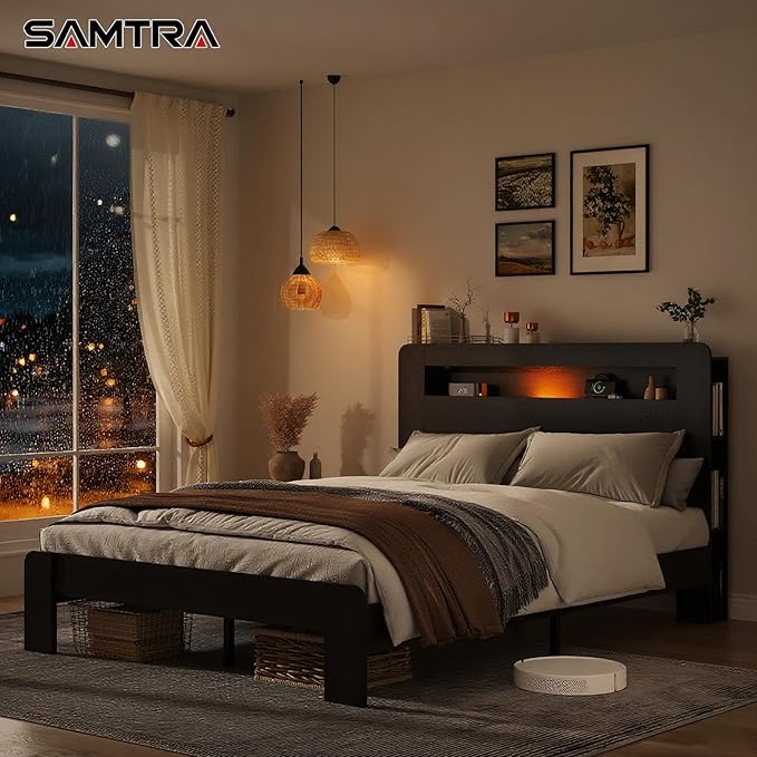 Wooden Bed Frame Queen Size with Storage Headboard - Farmhouse Platform Bed Frame with Bookcase Shelf & Led Lights, Sturdy Wood Slat Framework Bed Frame (Black LED)