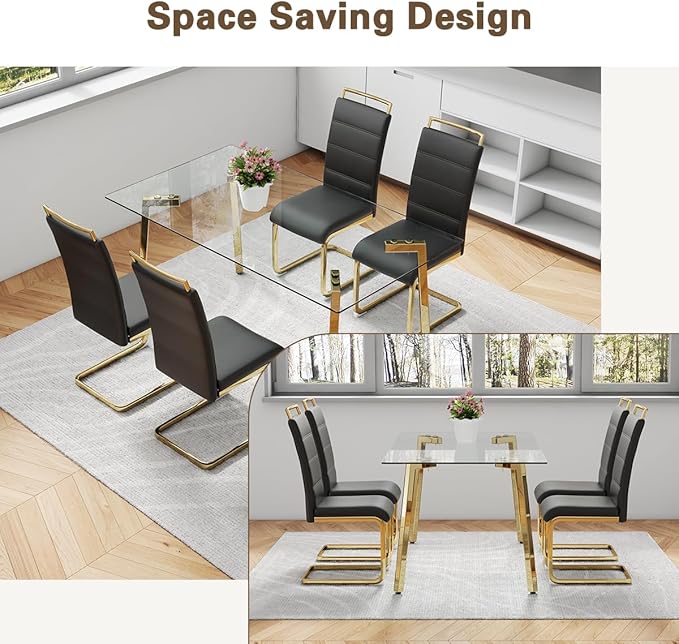 51" Glass Dining Table Set for 4,Small Kitchen Room Dining Table Set 4 with Chairs,Tempered Glass Top with Gold Legs,Easy to Assemble,Dinette Breakfast Nook