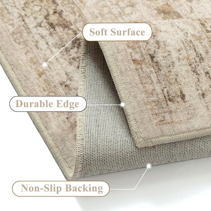 Beige 5x7 Area Rug Non Slip Vintage Living Room Distressed Machine Washable Carpet Retro Indoor Bedroom Floral Traditional Accent Throw Rug for Office Kitchen Dorm Dining Room